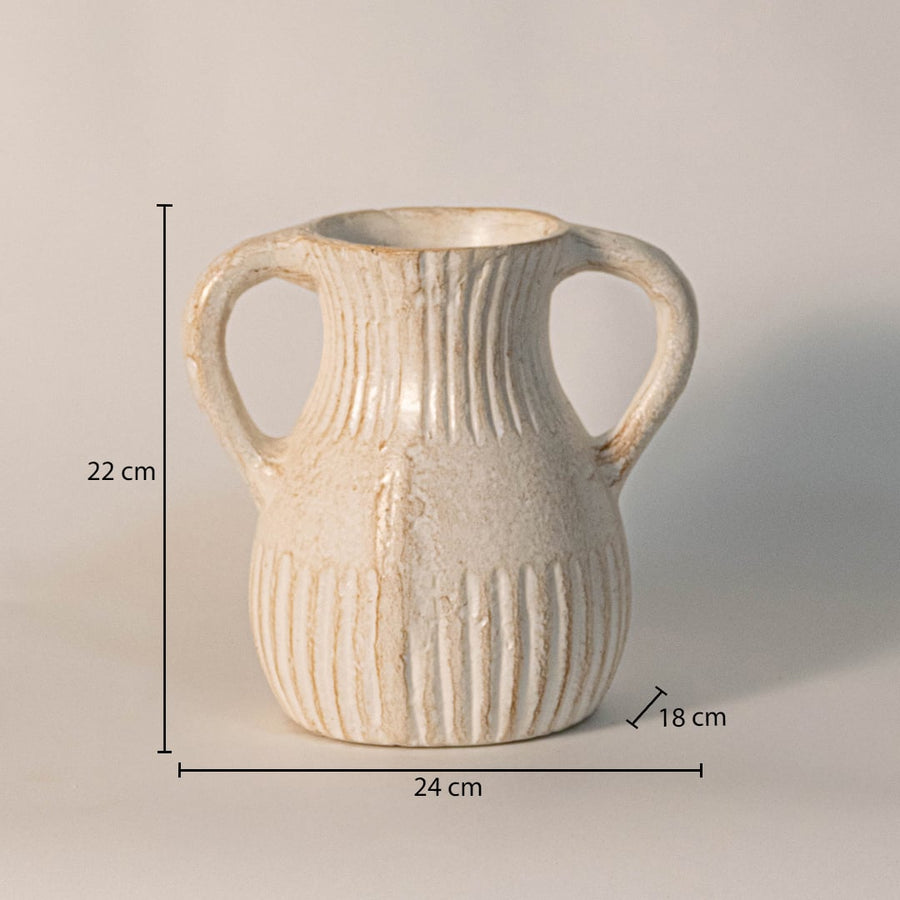 Double handle vase measuring 22 cm in height and 24 cm in width - ideal for modern rustic home decor.