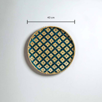 Dimension image of handcrafted blue and natural seagrass wall basket for boho living room wall décor display.