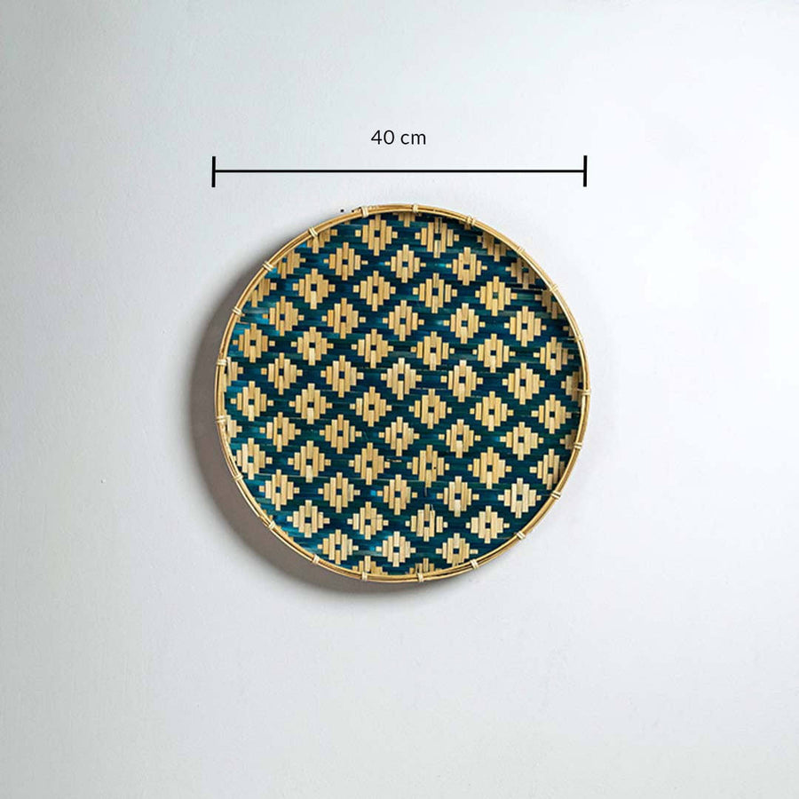 Dimension image of handcrafted blue and natural seagrass wall basket for boho living room wall décor display.