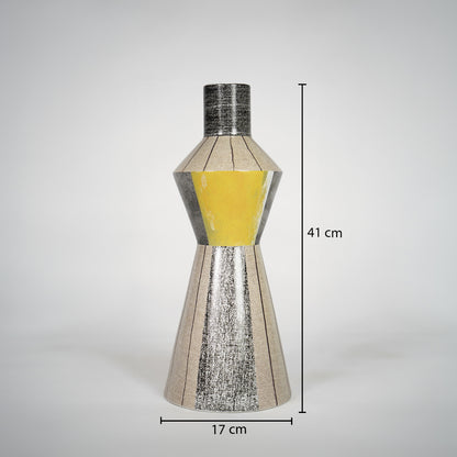 Silver and yellow metal decorative vase dimension image with 41 cm height and 17 cm width for shelf decor.