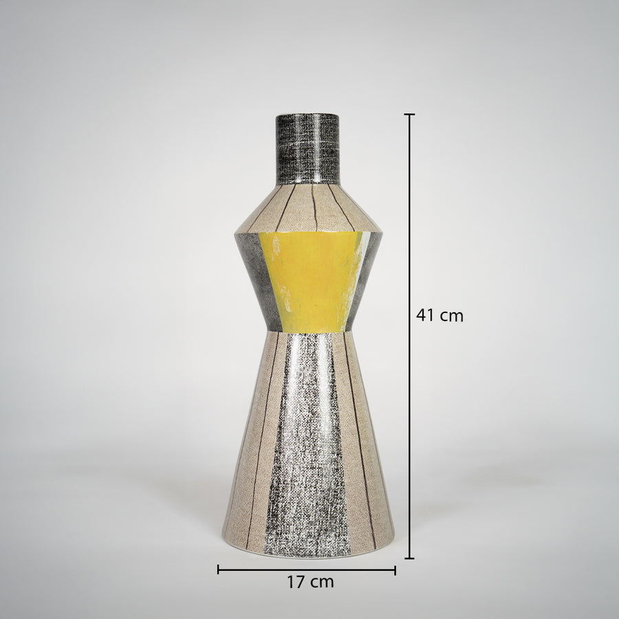 Silver and yellow metal decorative vase dimension image with 41 cm height and 17 cm width for shelf decor.