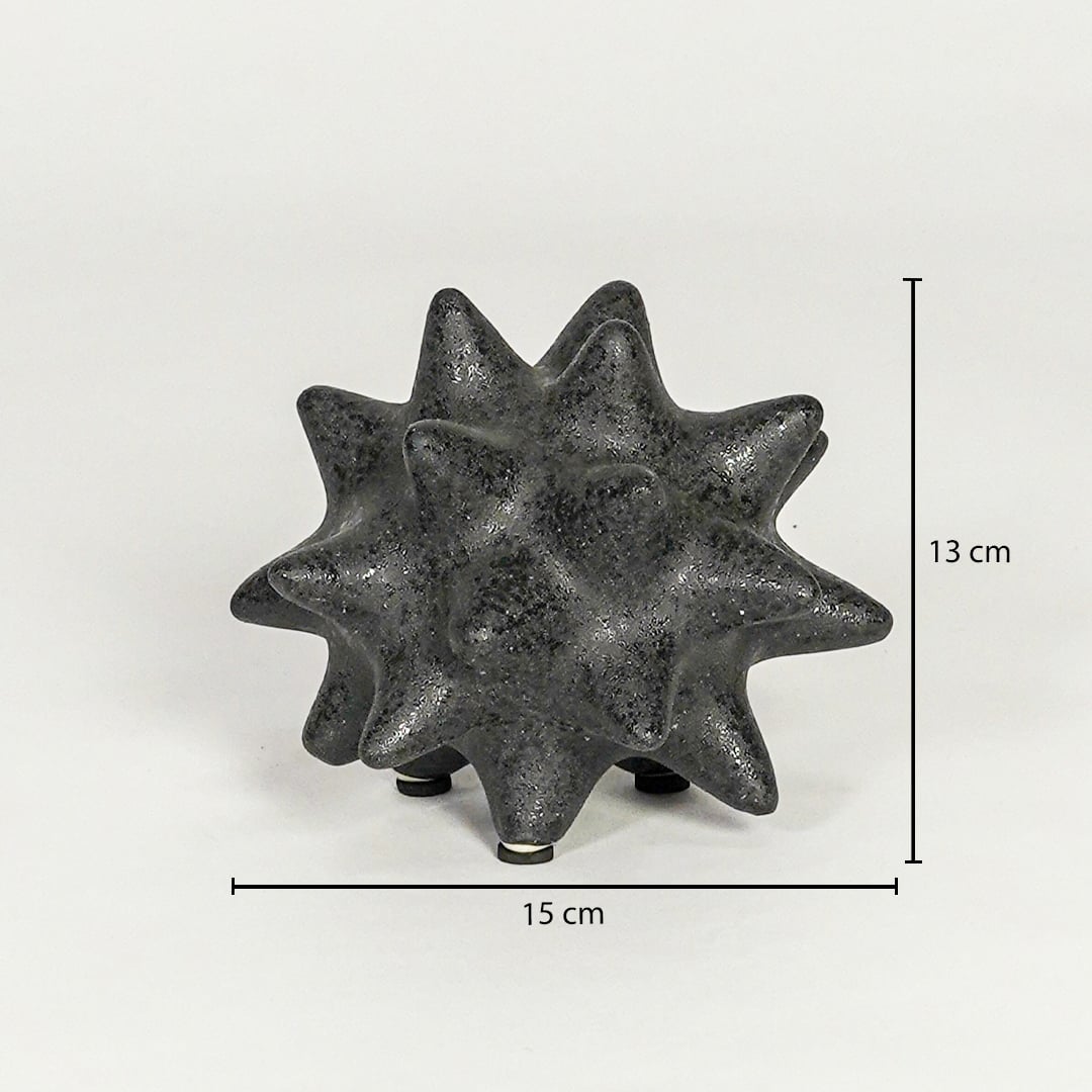 Black textured ceramic decorative object showing 13 cm height and 15 cm width suitable for table shelf or console placement.