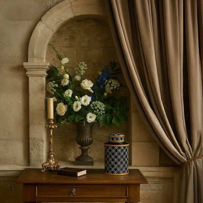 Black patterned jar with gold rim displayed on a wooden table beside flowers and candle adding luxury to interior decor.