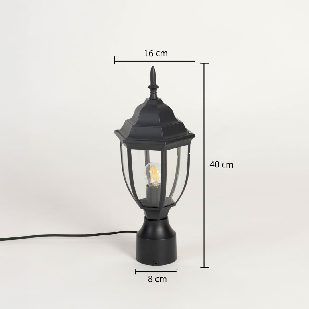 Outdoor pillar lamp in matte black with clear glass showing 40 cm height 16 cm width and 8 cm base size for decor.