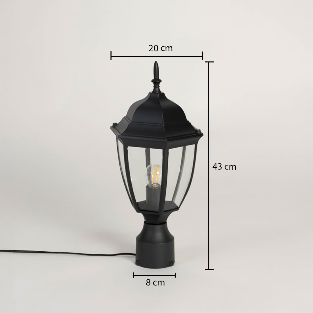 Outdoor black pillar lamp with clear glass shade showing 43 cm height 20 cm width and 8 cm base size for garden use.