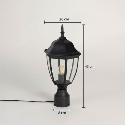 Outdoor black pillar lamp with clear glass shade showing 43 cm height 20 cm width and 8 cm base size for garden use.