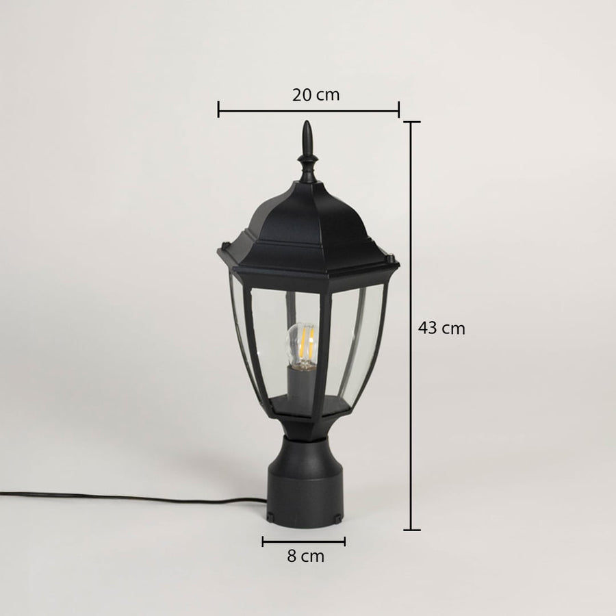 Outdoor black pillar lamp with clear glass shade showing 43 cm height 20 cm width and 8 cm base size for garden use.