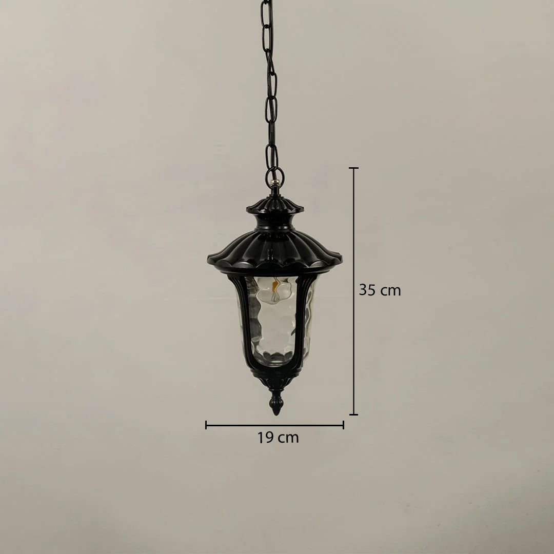 Vintage black metal hanging lantern light measuring 35 cm height and 19 cm width for outdoor decor.