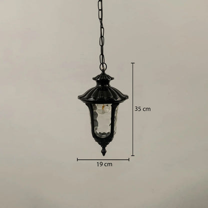 Vintage black metal hanging lantern light measuring 35 cm height and 19 cm width for outdoor decor.