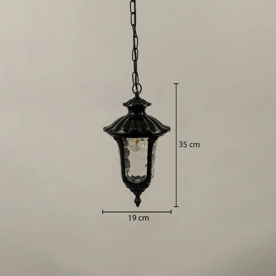 Vintage black metal hanging lantern light measuring 35 cm height and 19 cm width for outdoor decor.