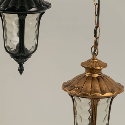 Detailed closeup of black metal lantern highlighting elegant curves and ribbed glass ideal for outdoor walkway balcony and patio lighting Decor.
