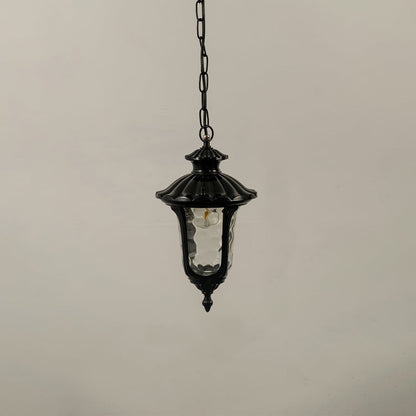 Black metal outdoor hanging lantern light off featuring textured glass design and classic shape perfect for balcony patio and entryway Decor.