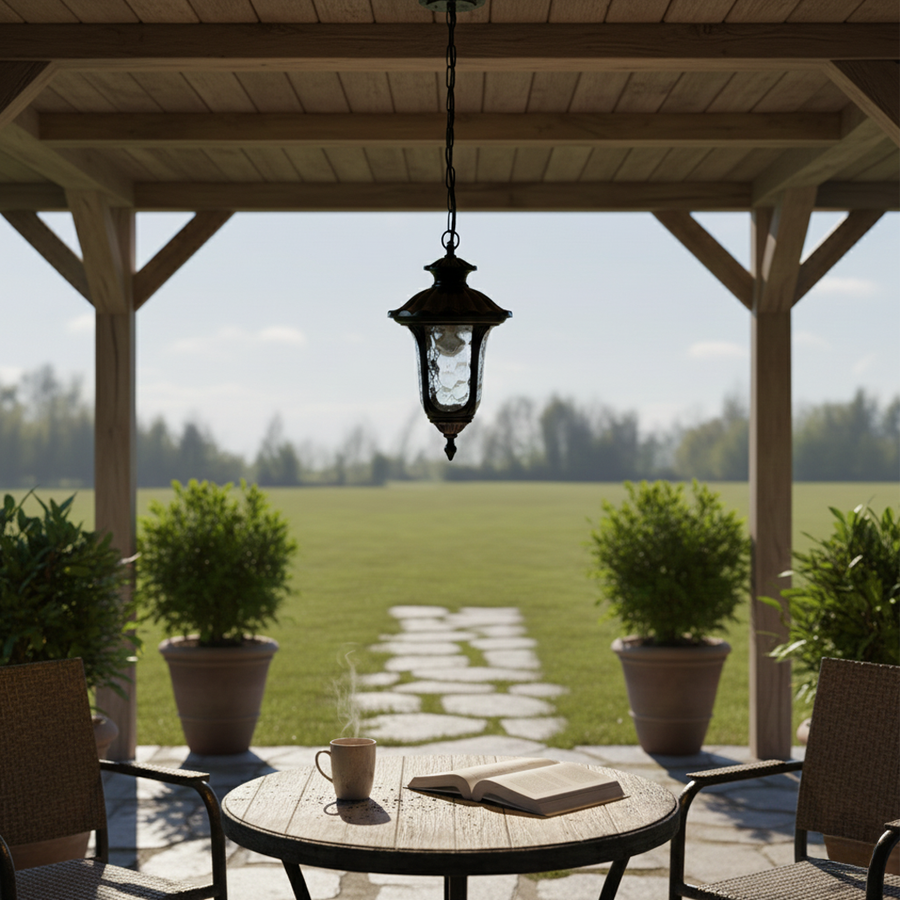 Classic black metal hanging lantern light enhancing elegant garden patio seating with warm ambiance.