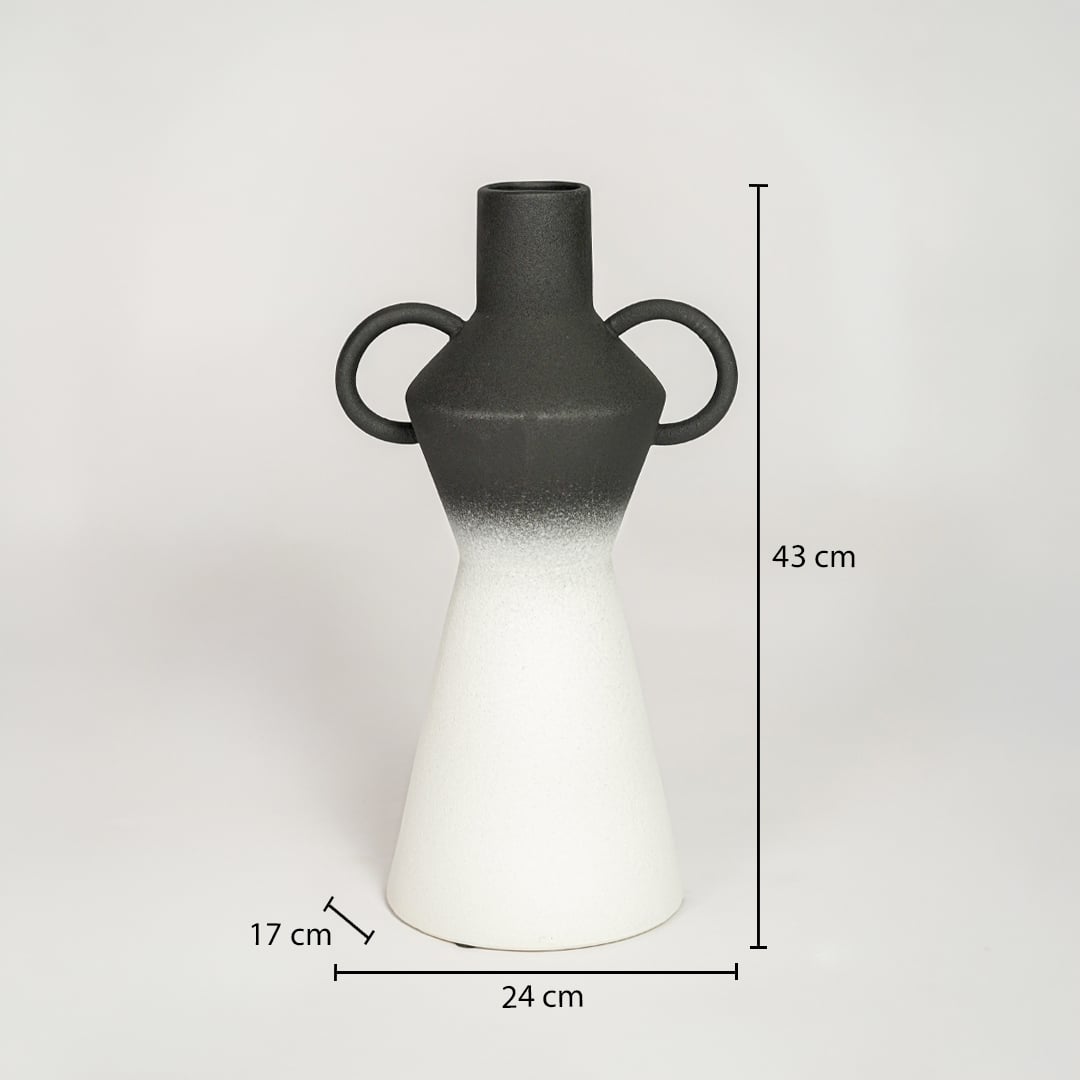 Black and white ombre ceramic vase measuring 43 cm height 24 cm width and 17 cm depth perfect for floor decor styling.