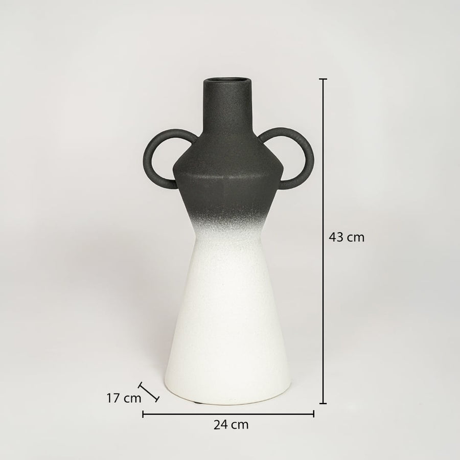Black and white ombre ceramic vase measuring 43 cm height 24 cm width and 17 cm depth perfect for floor decor styling.