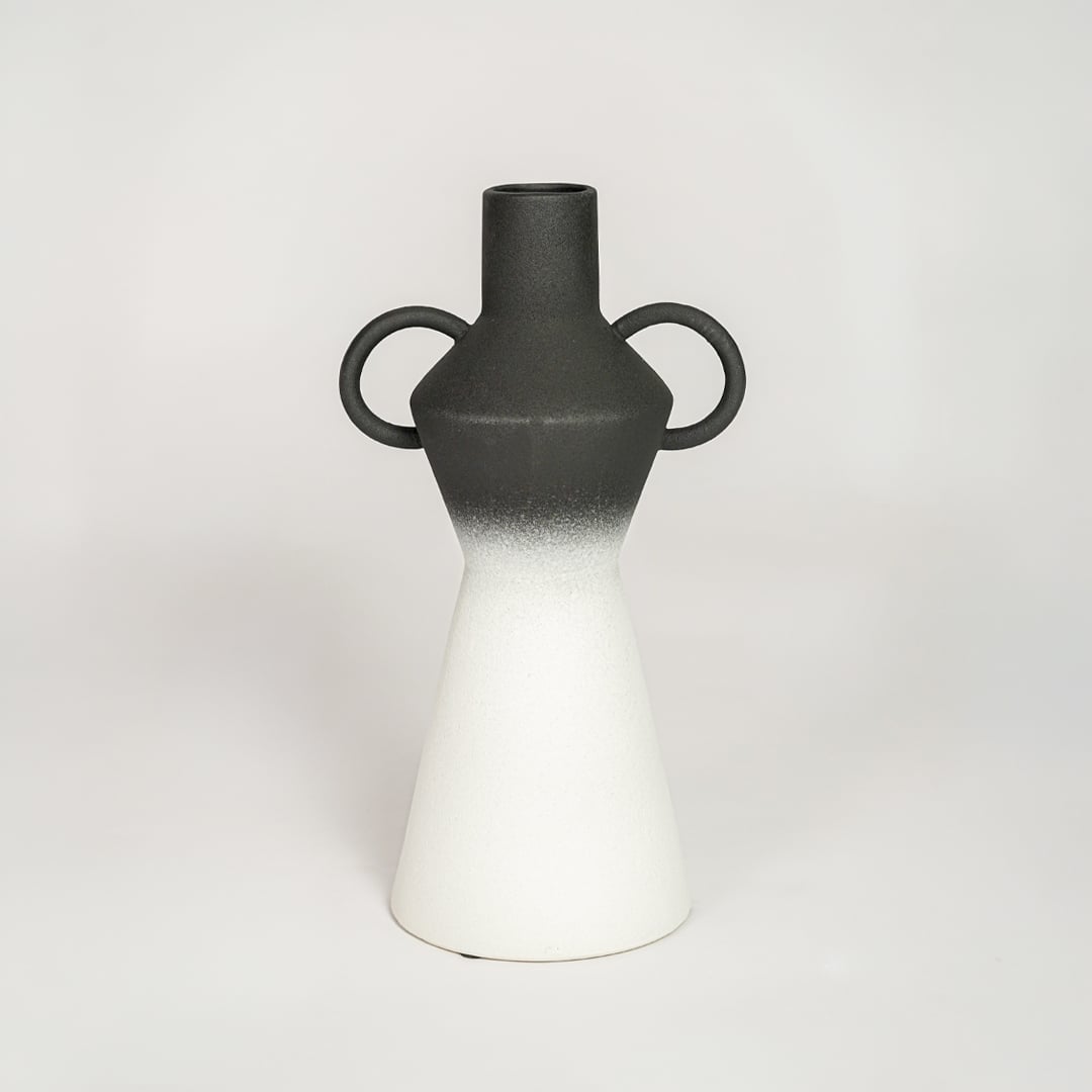 Contemporary black and white ombre ceramic flower vase ideal for entryway table living room shelf or dining decor display.