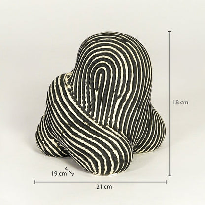 Black and white striped ceramic decor sculpture dimension image showing size proportions modern decorative tabletop object.