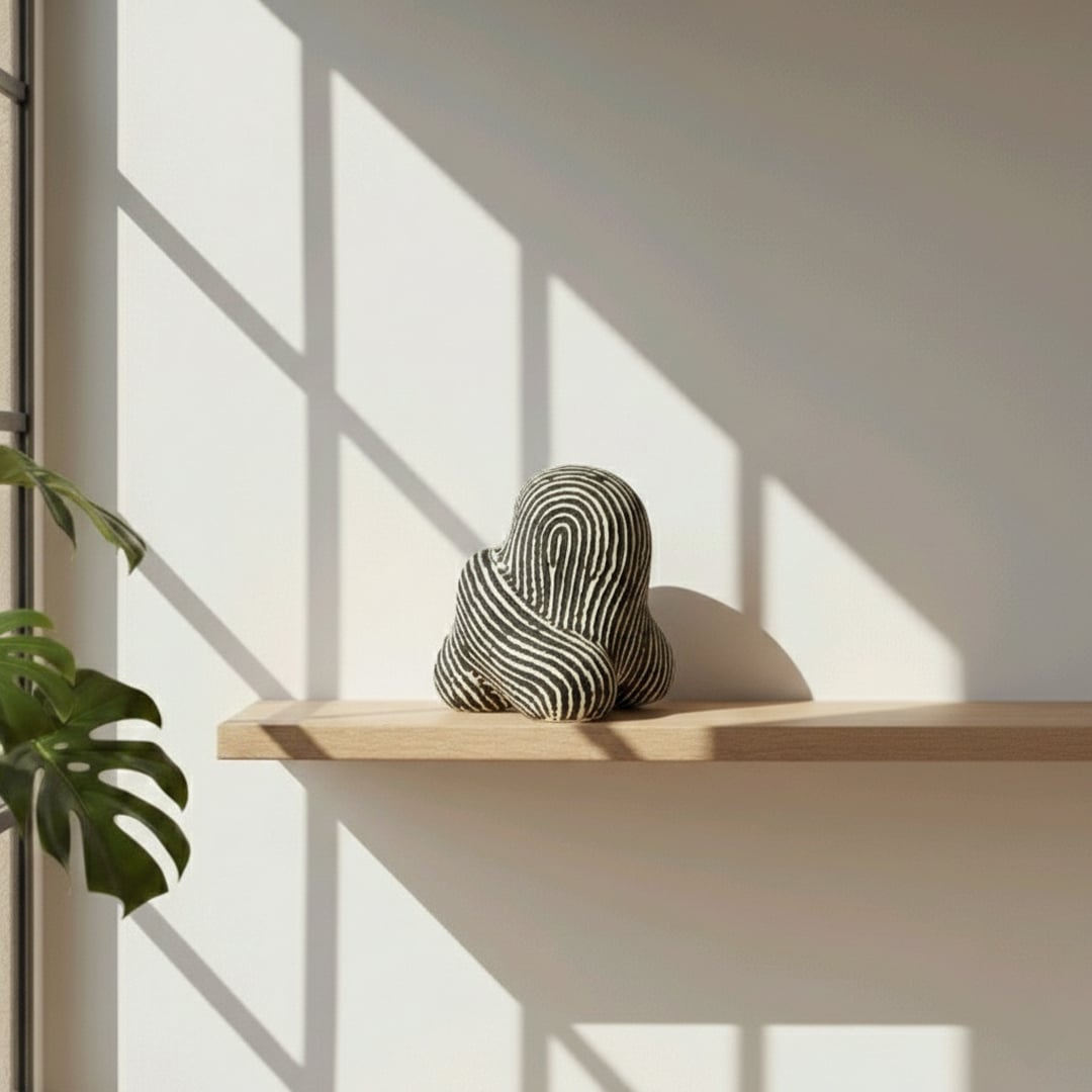 Modern striped ceramic decor sculpture placed in aesthetic interior setting bold artistic decorative object for console table shelf or office decor.