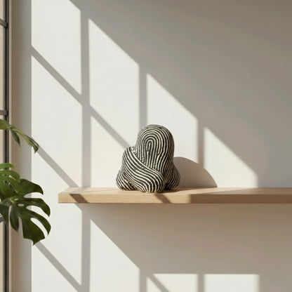 Modern striped ceramic decor sculpture placed in aesthetic interior setting bold artistic decorative object for console table shelf or office decor.