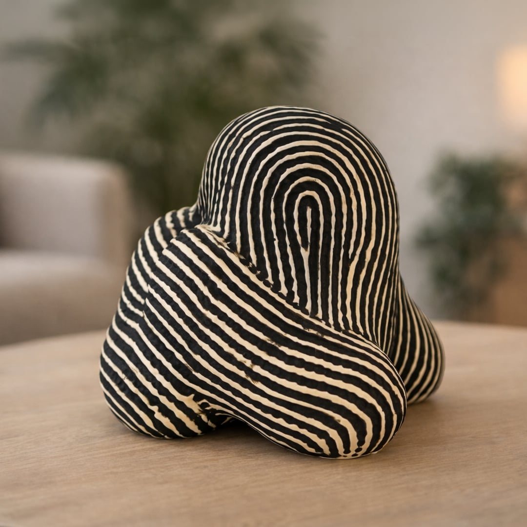 Black and white striped abstract ceramic decor sculpture styled in modern interior artistic tabletop accent for living room shelf console or office decor.