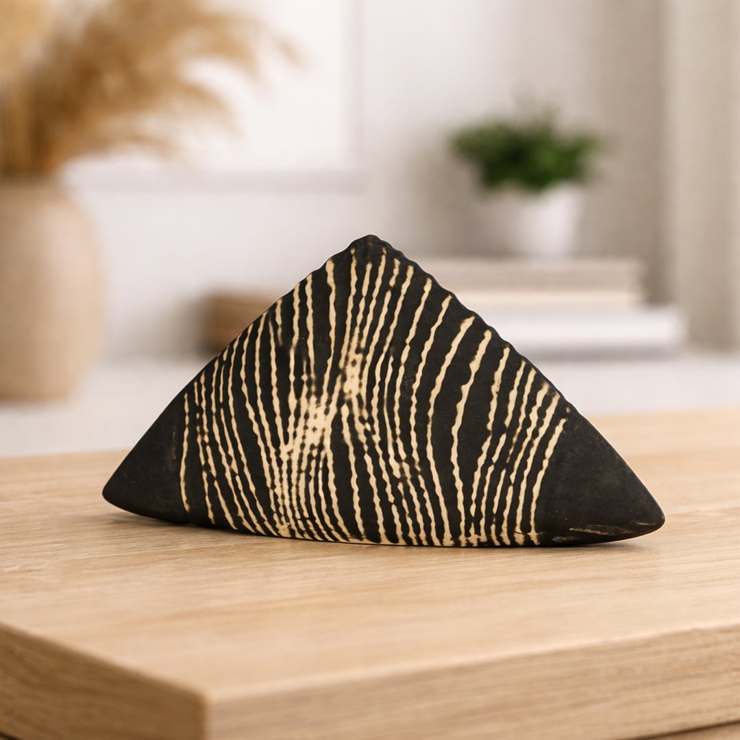 Black ceramic geometric decor object with carved stripe pattern placed on wooden table in modern neutral living room.
