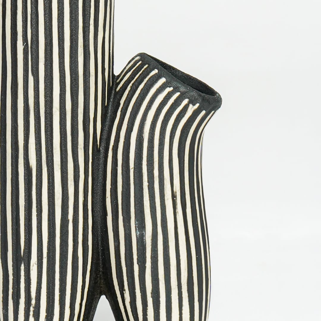 Detailed closeup of black and white striped curvy ceramic vase highlighting vertical lines and sculpted form.