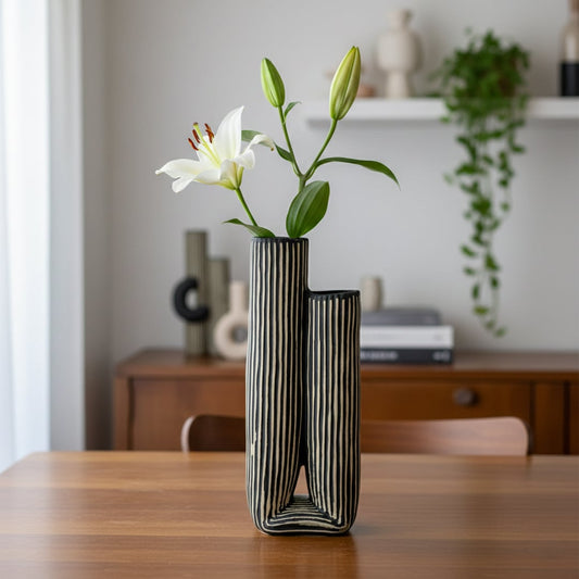 Black striped ceramic dual vase placed on wooden table with white lily styled in modern dining room.