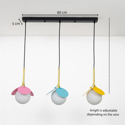 Triple colorful glass pendant light dimension image with adjustable length and 60 cm canopy for contemporary dining placement.