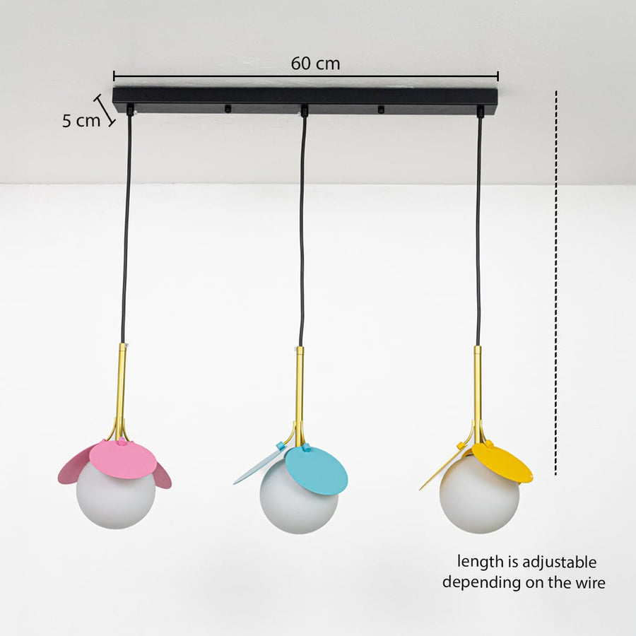 Triple colorful glass pendant light dimension image with adjustable length and 60 cm canopy for contemporary dining placement.