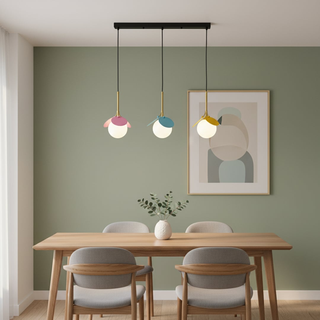 Modern colorful pendant light with frosted globes and gold rods hanging above a clean minimal room adding a playful decorative touch with soft ambient lighting.