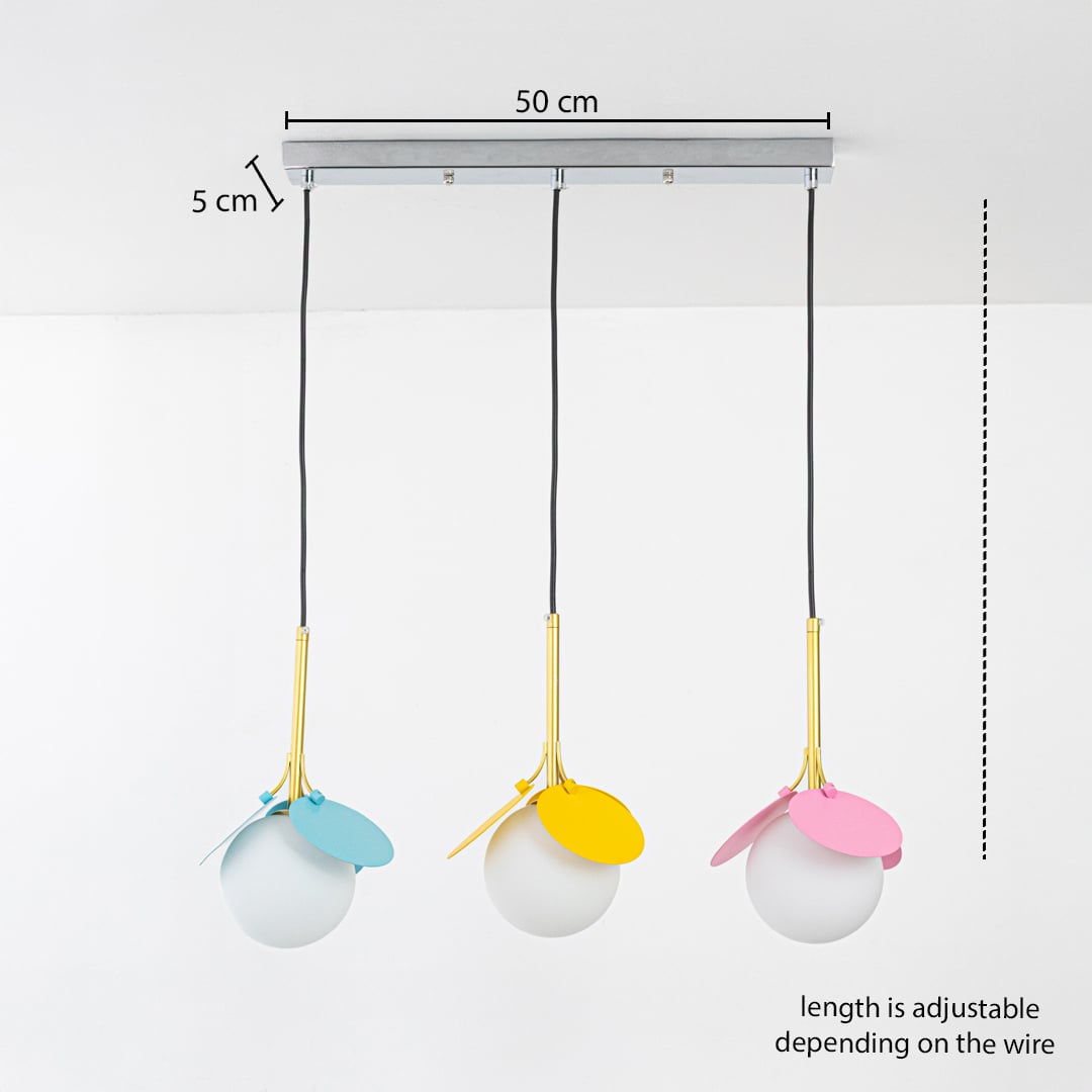 Adjustable pendant light set with white globes gold stems and colorful petals shown with a clear hanging height guide for accurate visual reference.