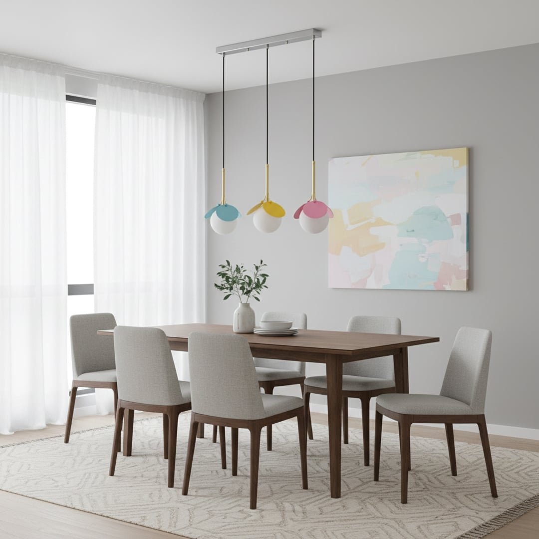 Modern pendant light trio with white globes gold stems and colorful petals in blue yellow and pink hanging from a sleek silver bar for bright decor.