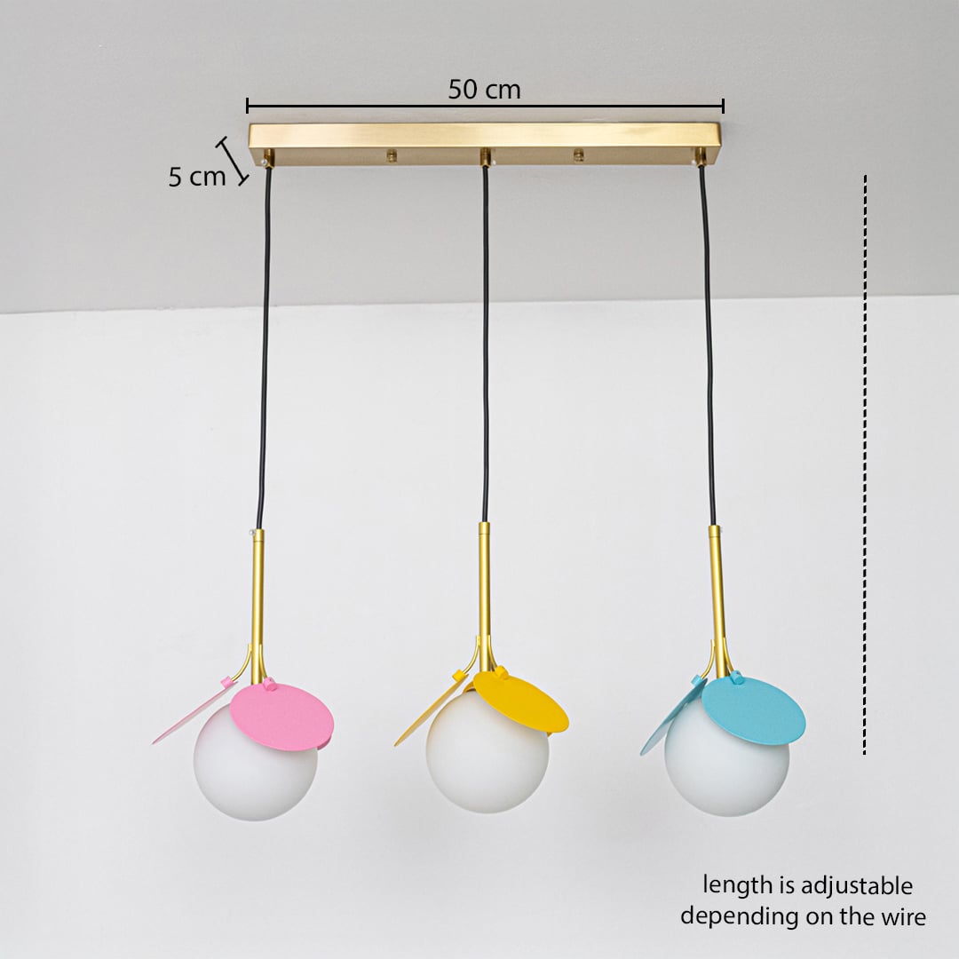 Adjustable pendant light set with white globes gold stems and colorful petals shown with a clear hanging height guide for display.