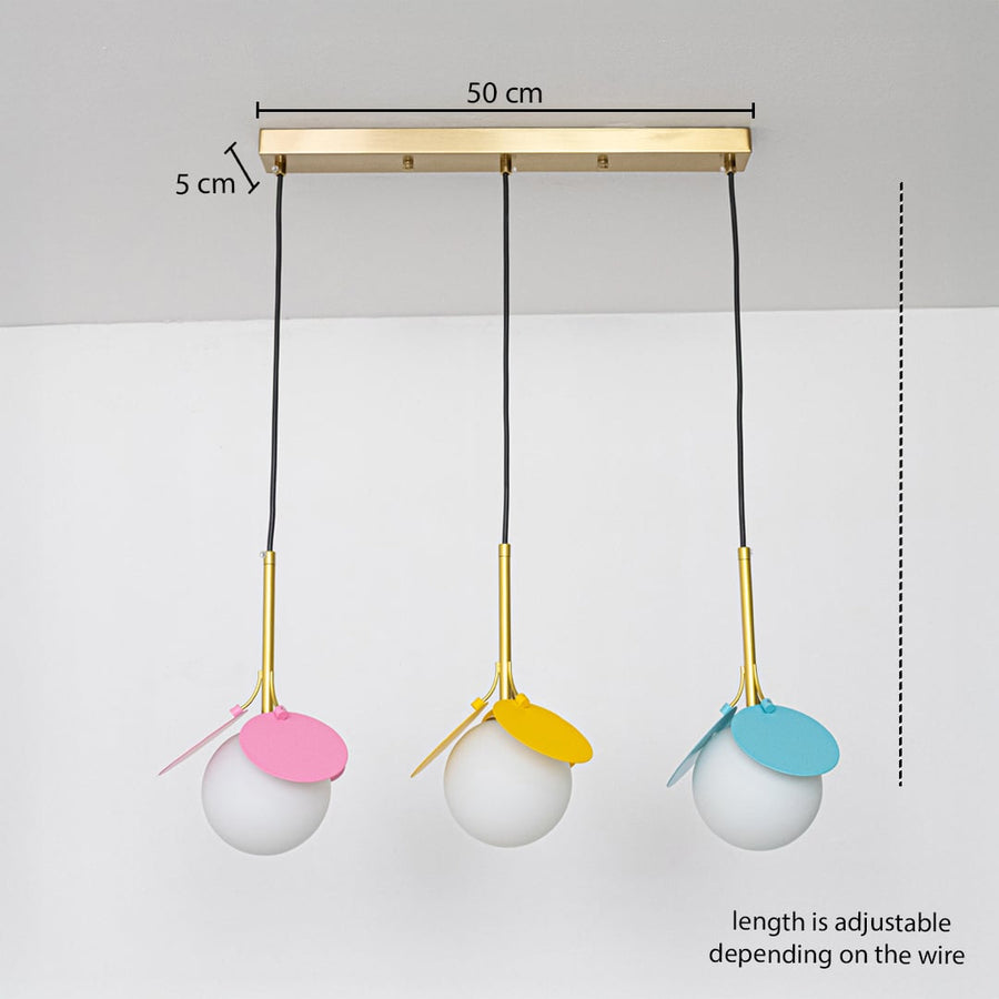 Adjustable pendant light set with white globes gold stems and colorful petals shown with a clear hanging height guide for display.