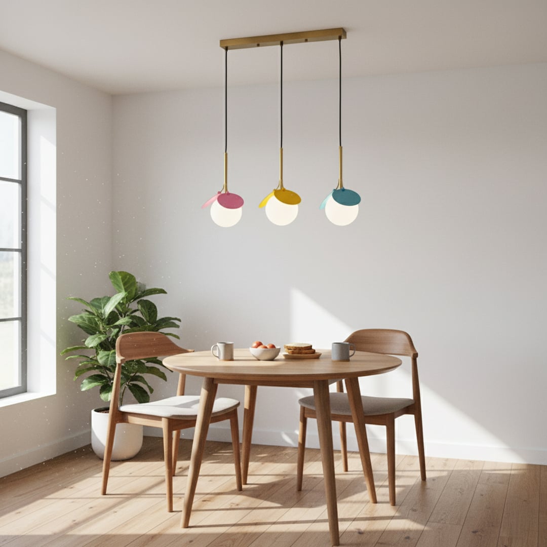 Playful modern pendant light trio with white globes and colorful petals in pink yellow and blue hanging from a gold bar creating a bright room look.
