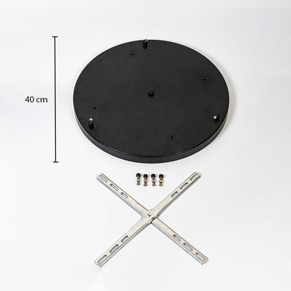 Round black ceiling canopy measuring 40 cm supporting adjustable flower style pendant lights with colorful petals and frosted globes.