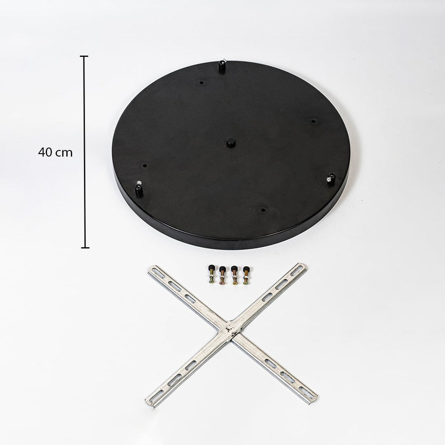 Round black ceiling canopy measuring 40 cm supporting adjustable flower style pendant lights with colorful petals and frosted globes.