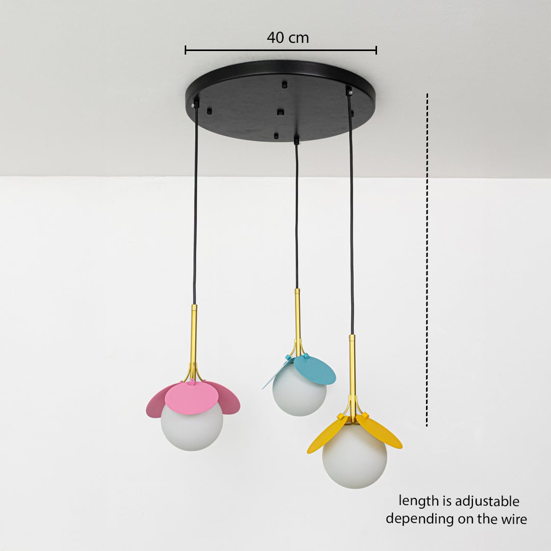 Adjustable flower themed pendant light set with colorful metal petals and frosted globes shown with a clear hanging height guide for display.