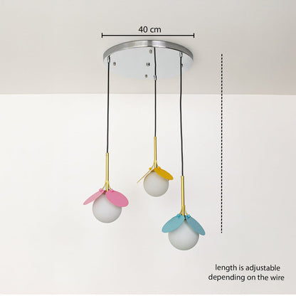 Triple colorful glass pendant light dimension image with adjustable length and 40 cm canopy for modern dining placement.