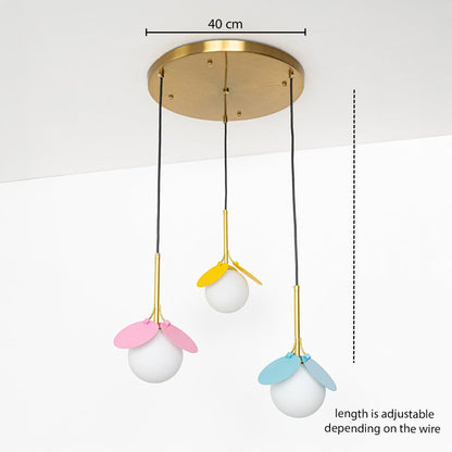 Pastel pink yellow and blue pendant lights with adjustable wire length shown with accurate measurements for perfect placement.