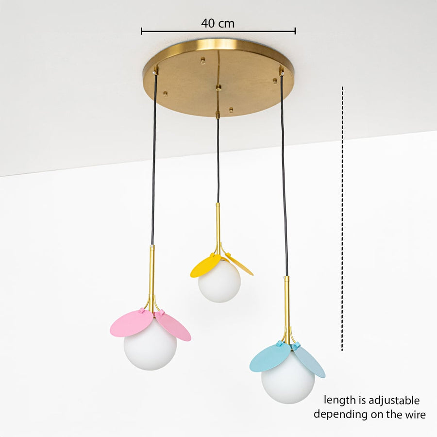 Pastel pink yellow and blue pendant lights with adjustable wire length shown with accurate measurements for perfect placement.