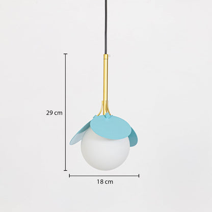 Blue pendant light with frosted glass globe and golden rod showing size 29 cm height and 18 cm width.