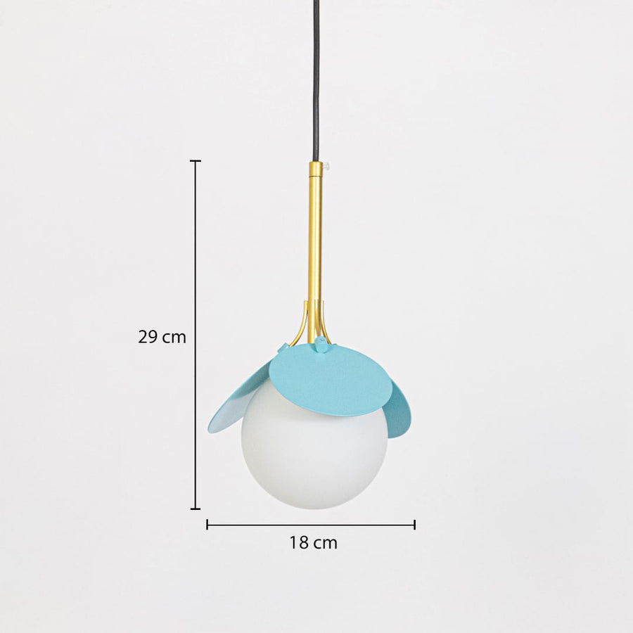 Blue pendant light with frosted glass globe and golden rod showing size 29 cm height and 18 cm width.