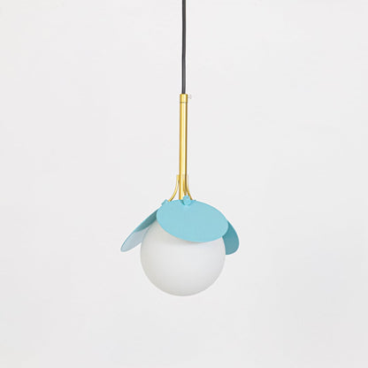 Blue pendant light with frosted glass globe shade and golden rod design shown off on white background.