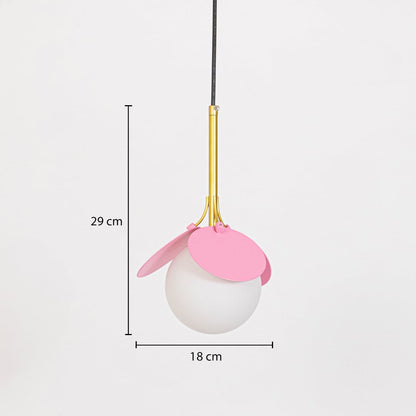Pendant light with pink decorative shade and frosted glass globe shown with size dimensions 29 cm height and 18 cm width.