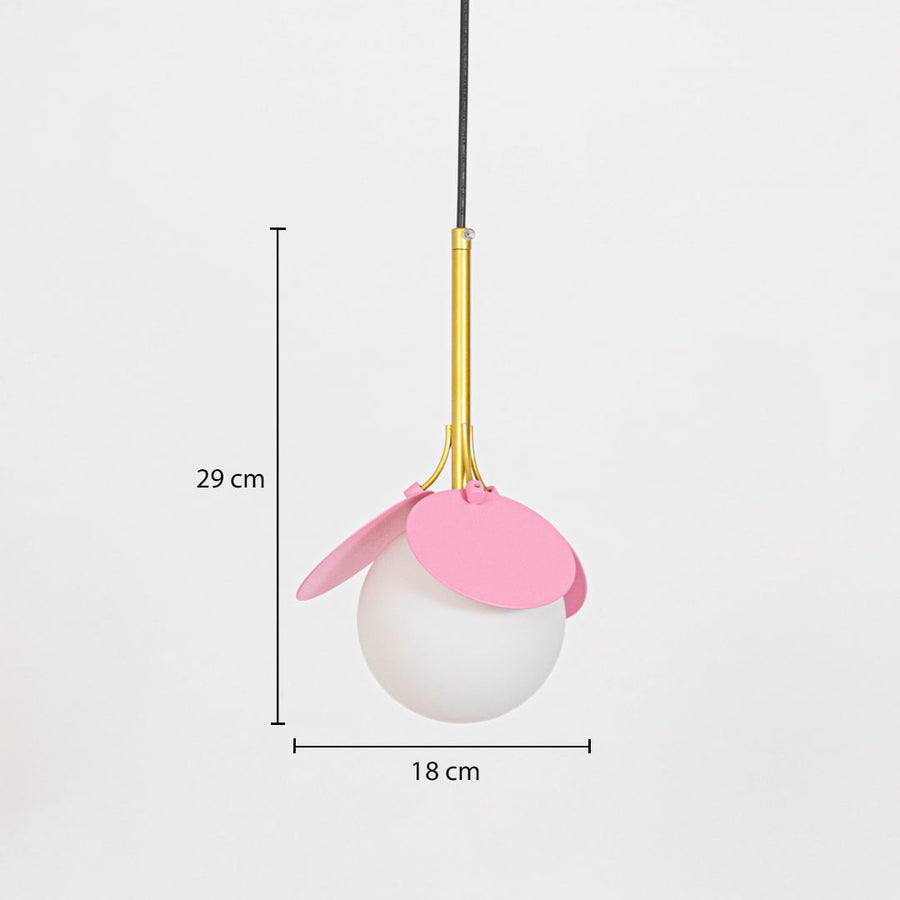 Pendant light with pink decorative shade and frosted glass globe shown with size dimensions 29 cm height and 18 cm width.