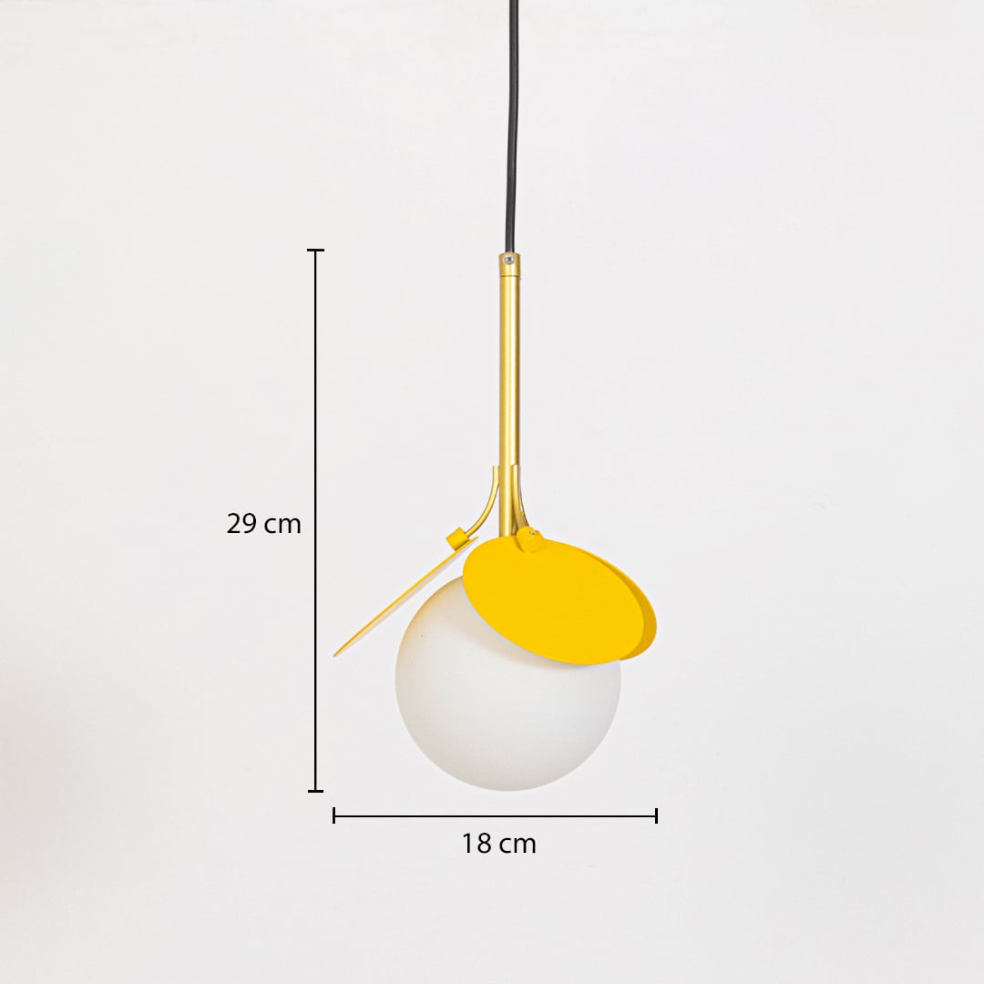 Pendant light with yellow frame and frosted globe ceiling lamp displayed with 29 cm height and 18 cm width.
