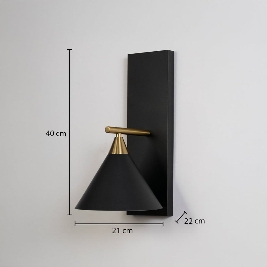 Modern black cone shade wall sconce with brass gold arm showing 40cm height 21cm width 22cm depth on white background display.