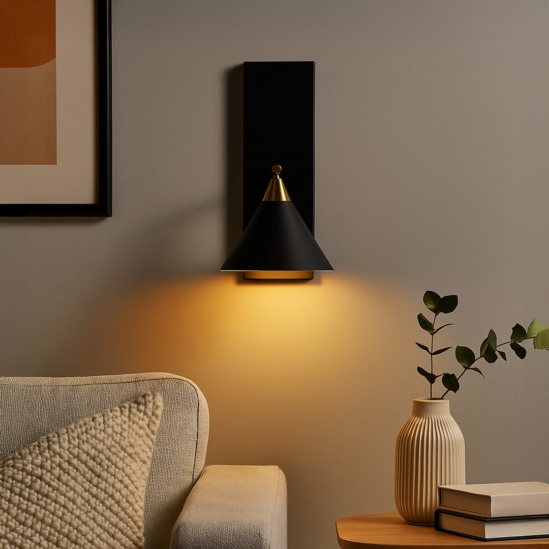 Modern black conical shade wall sconce with brass gold arm mounted on interior wall creating elegant ambient lighting decor.