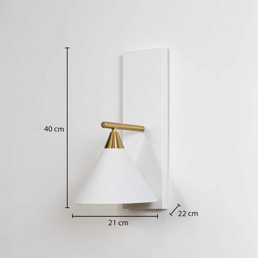 Modern white cone shade wall sconce with brass gold arm showing 40cm height 21cm width 22cm depth on white background display.